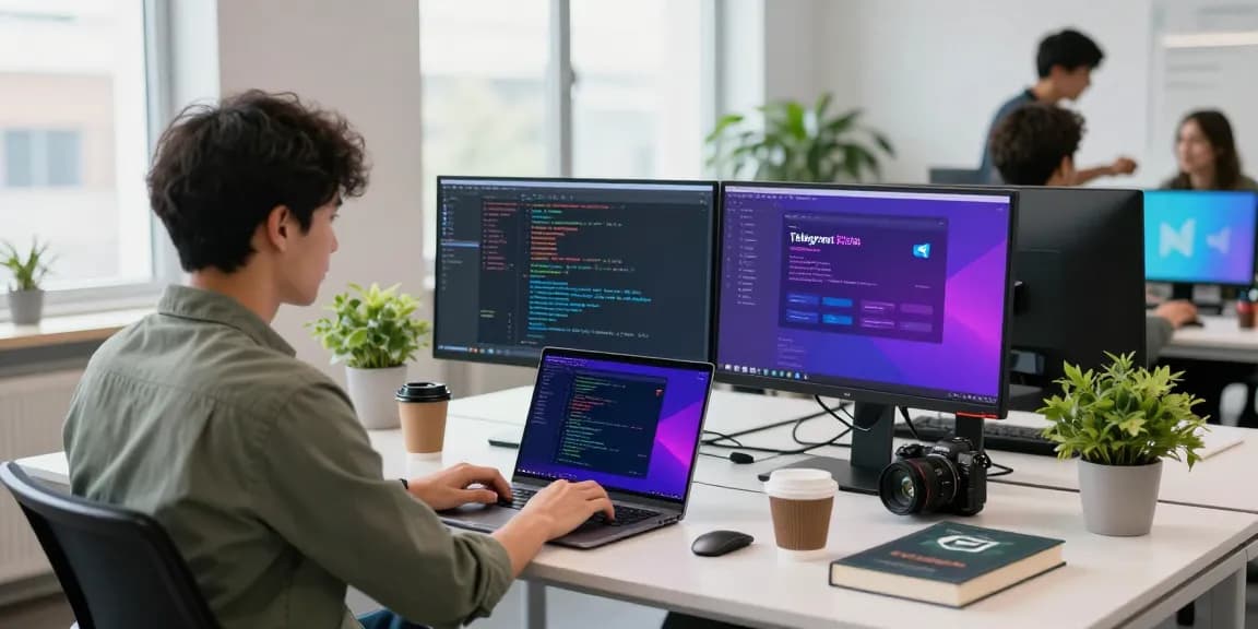 Developer coding in a modern workspace, showcasing Telegram中文 settings on multiple monitors, emphasizing productivity.