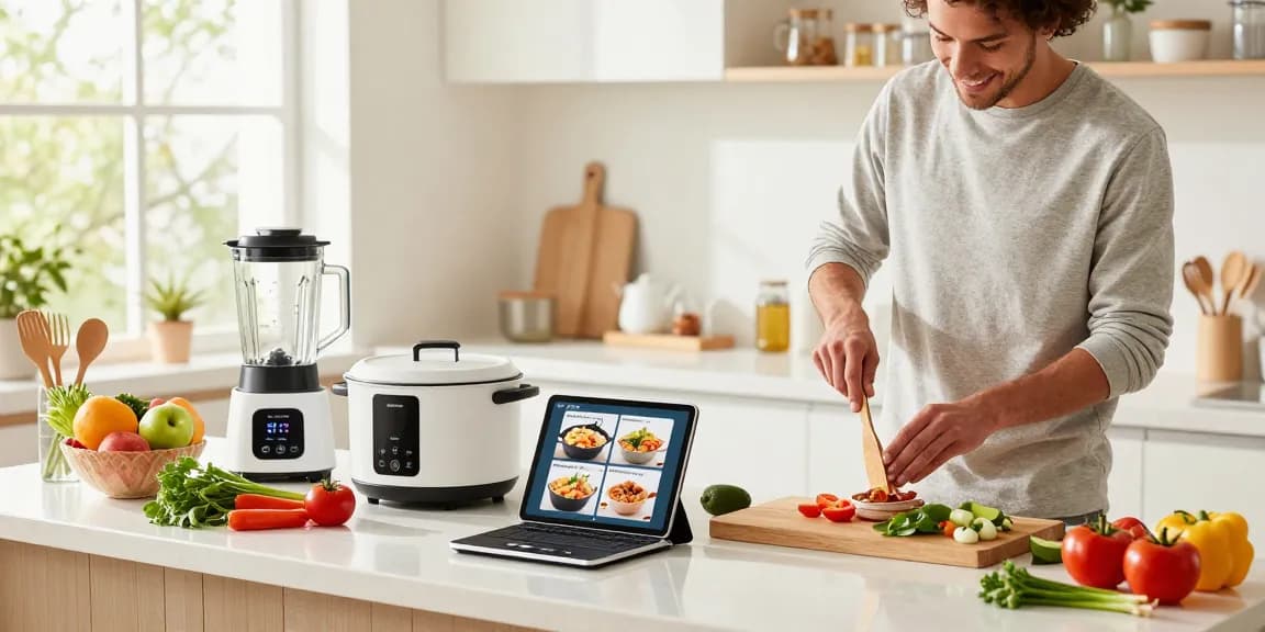 Smart kitchen gadgets enhance cooking efficiency in a modern kitchen with fresh ingredients and a bright atmosphere.