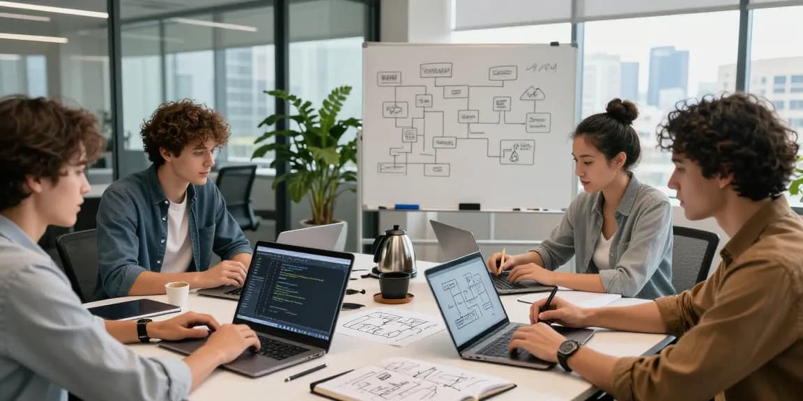 Build internal tools with AI in a collaborative tech workspace with professionals brainstorming.