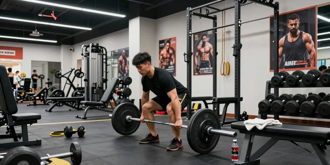 Im Anabolika Shop werden hochwertige Steroide präsentiert, mit Bodybuilder bei der Übung im Fitnessstudio!