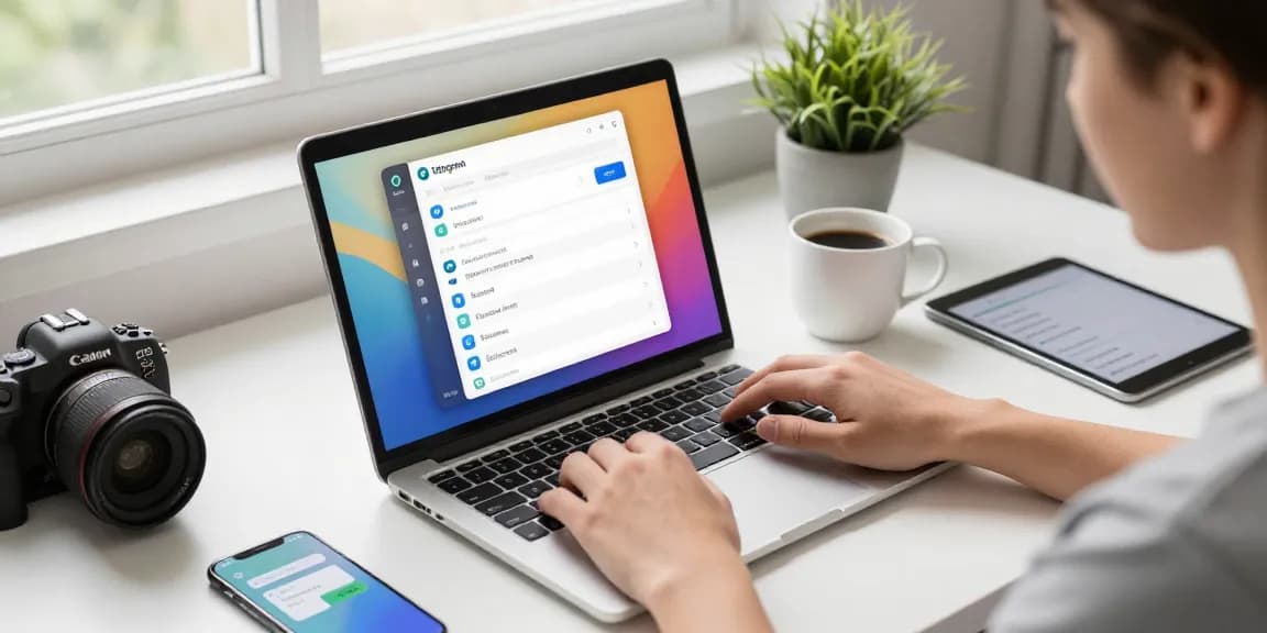 Adjusting Telegram Chinese language settings on a laptop in a stylish office workspace.