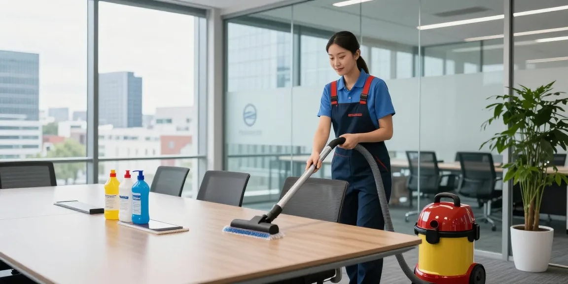 Professionelle Gebäudereinigung Düsseldorf in einem modernen Büro mit großen Fenstern und sauberem Konferenzraum.