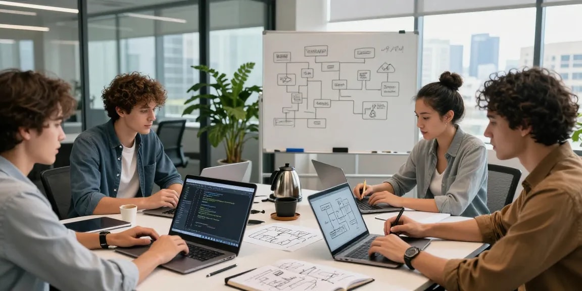 Build internal tools with AI in a collaborative tech workspace with professionals brainstorming.