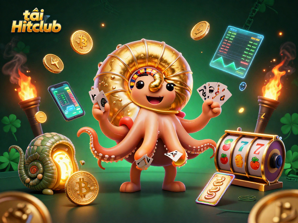Experience the excitement of tải Hitclub with a vibrant 3D casino scene showcasing a giant nautilus roulette wheel.