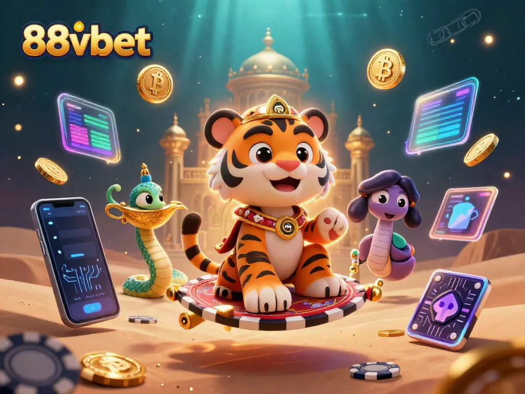 Experience thrilling action at 88vbet with an Arabian-themed game illustration showcasing lively casino elements.