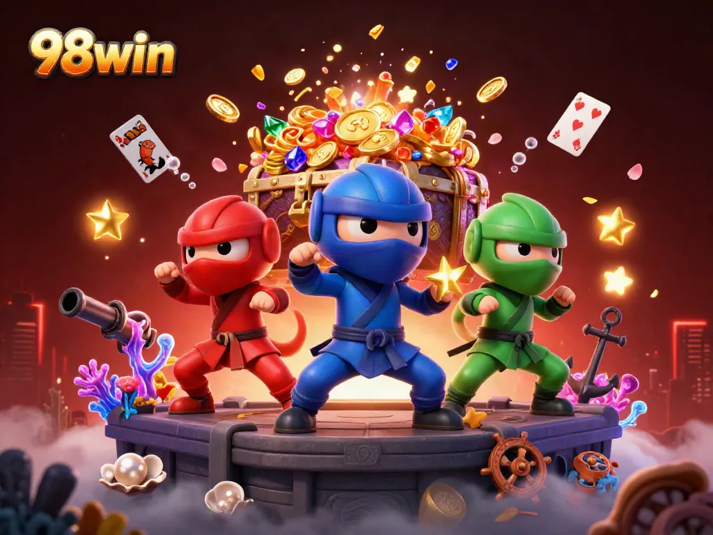 Experience exciting gameplay with 98win's vibrant chameleons and treasure-filled underwater scene.