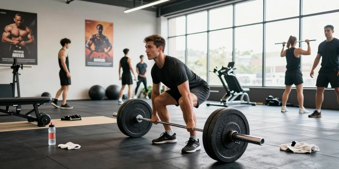 Anabolika Shop showcasing a dynamic gym scene with an athletic man performing deadlifts amidst workout equipment and sunlight.