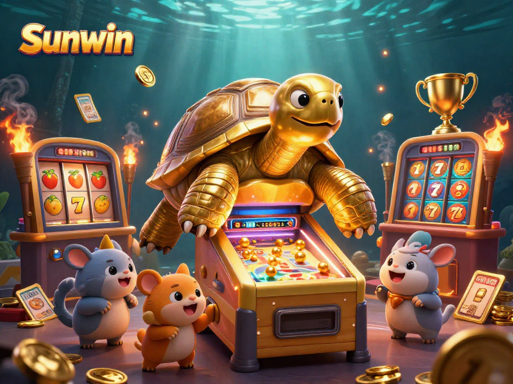 Play exciting games like Sunwin with this dynamic casino illustration featuring a golden tortoise and casino elements.