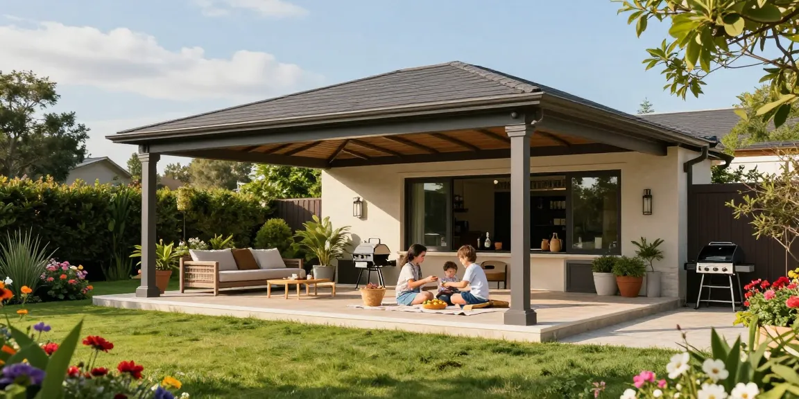 Terrassenüberdachung freistehend in einem Garten mit Familie beim Picknick, blühende Pflanzen und sonniger Himmel.