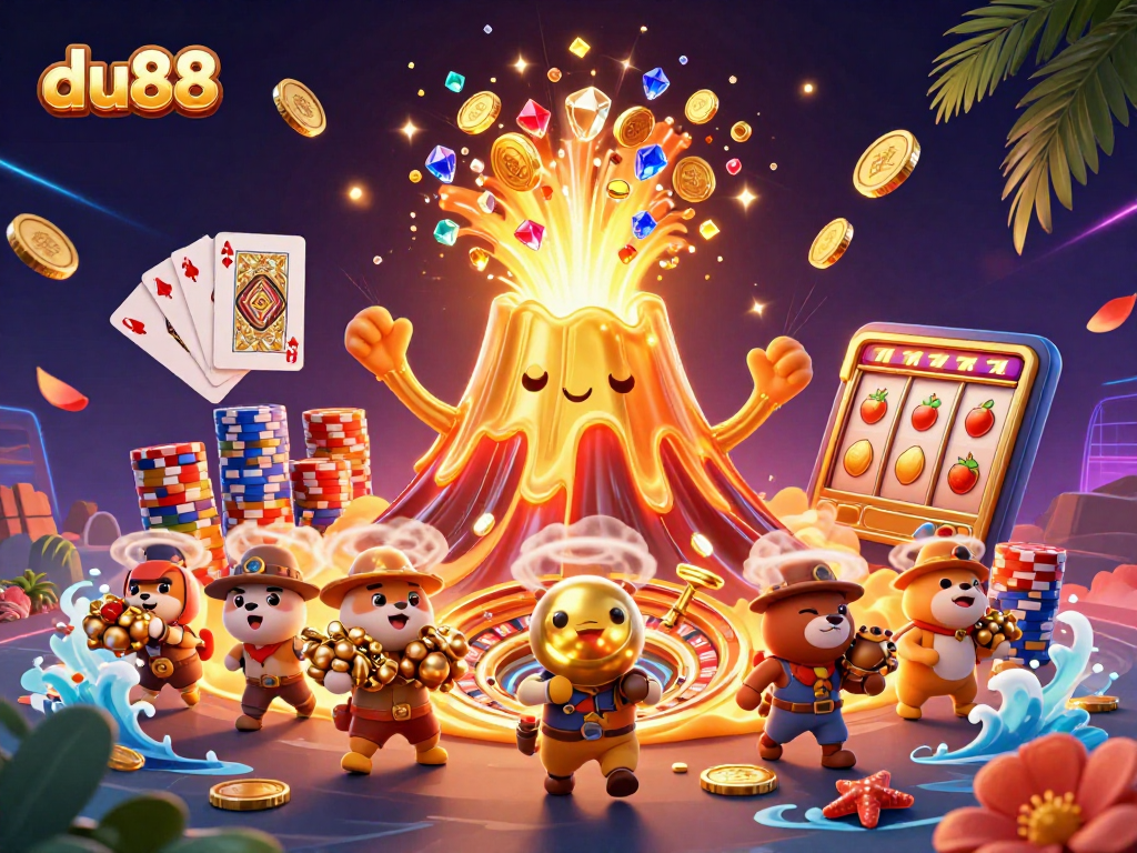 du88 players enjoying thrilling slots with treasure-filled golden volcano eruption