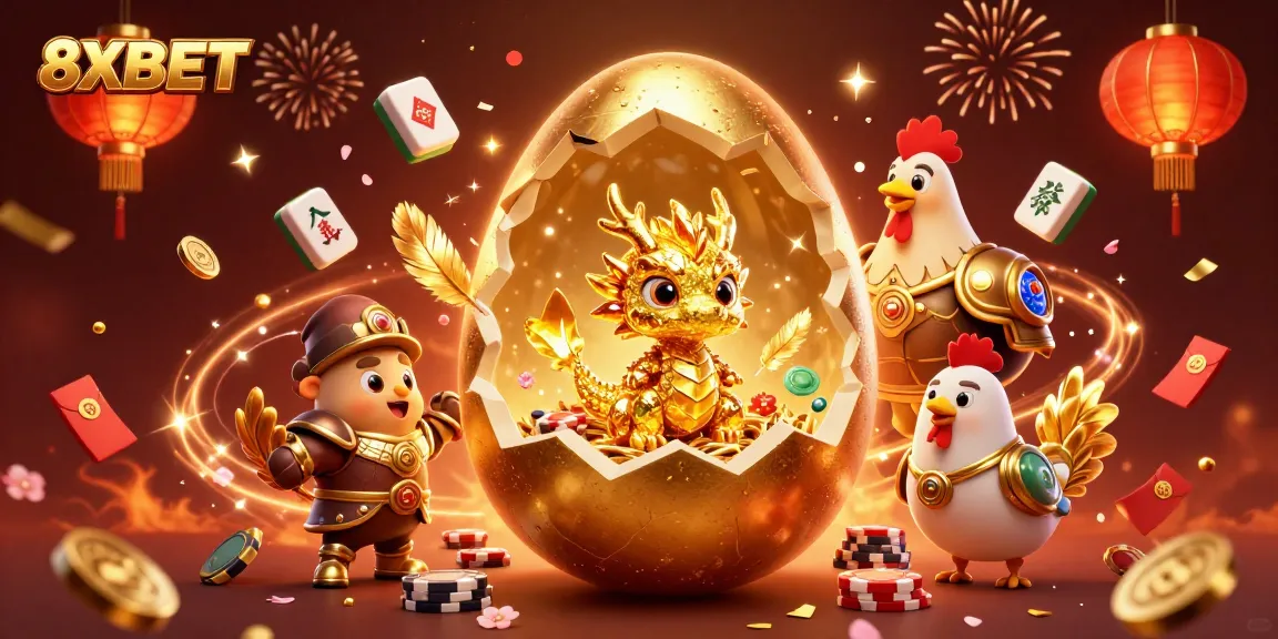 Experience the thrill of 8XBET with a golden egg revealing a rich dragon and poker chips.