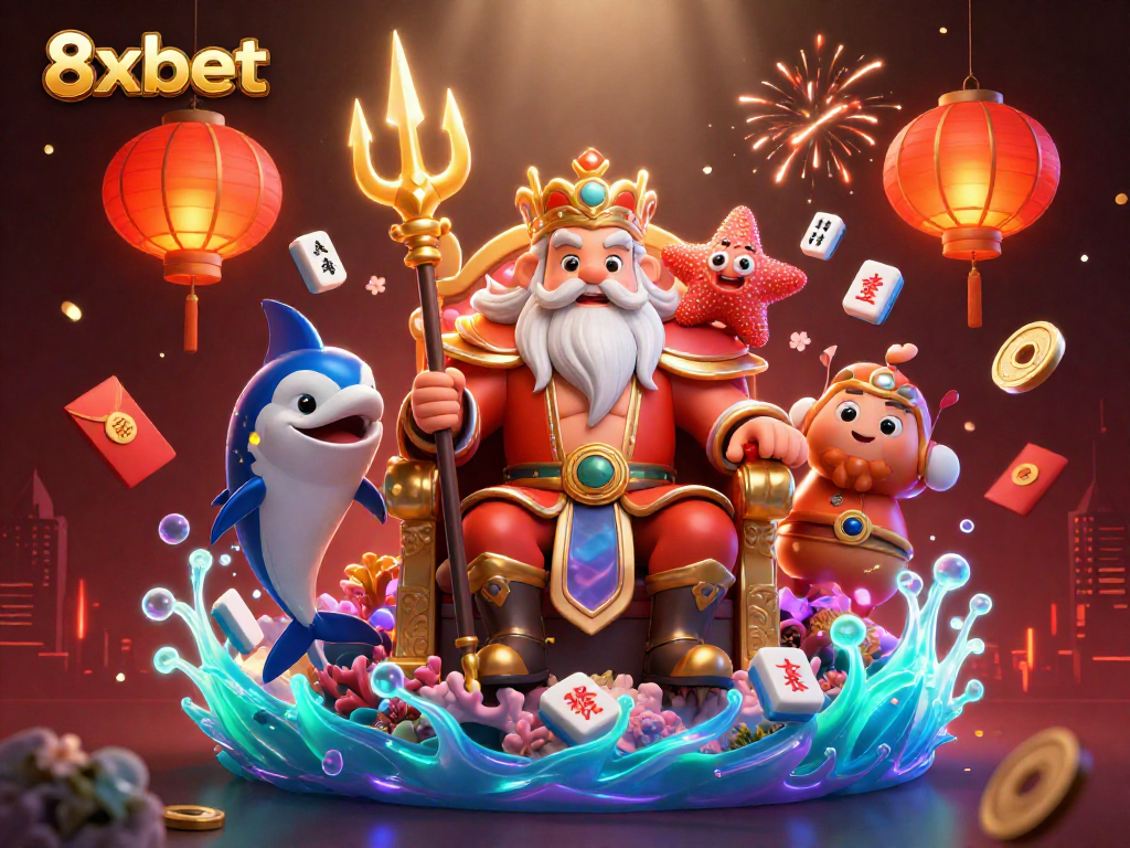 Experience dynamic gaming with 8xbet, featuring Neptune, a samurai, and vibrant casino elements.