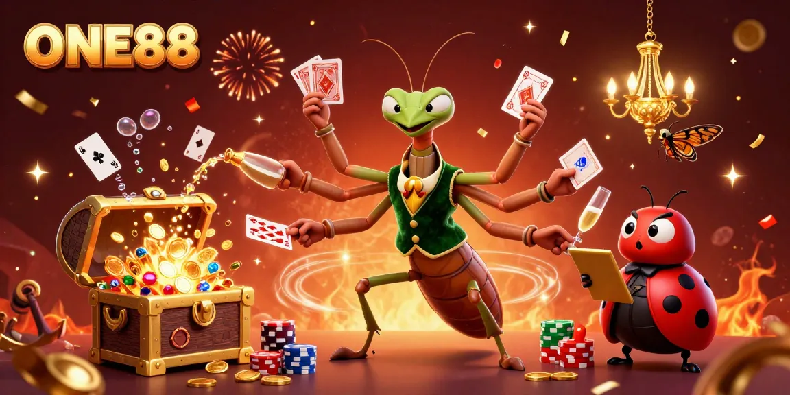 Engage in thrilling games at ONE88 with a winning mantis dealer amidst dazzling casino decor.