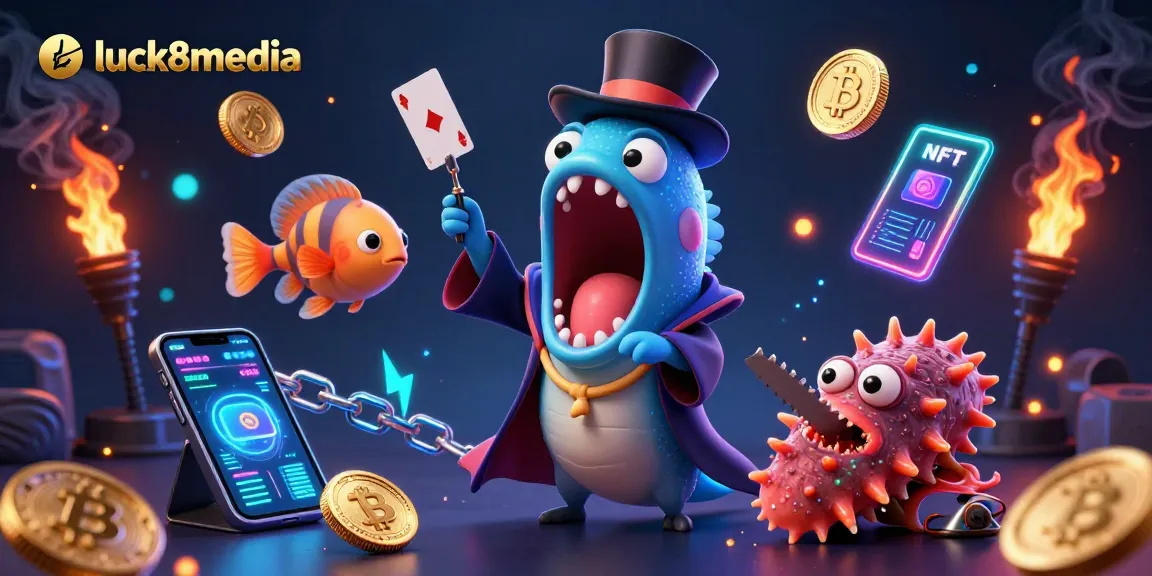 Experience thrilling games with luck8media's vibrant casino illustrations featuring dynamic characters and crypto elements.