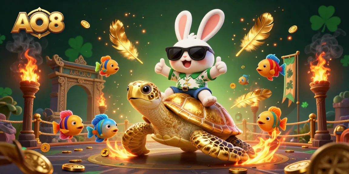 Engage with the vibrant AO88 gaming scene featuring an animated rabbit and golden turtle.