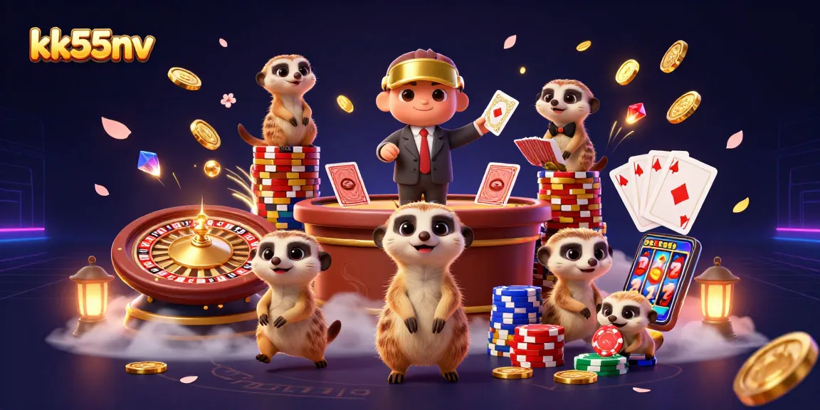 Meerkats manage a vivid casino scene featuring kk55nv with coins, cards, and a roulette wheel.