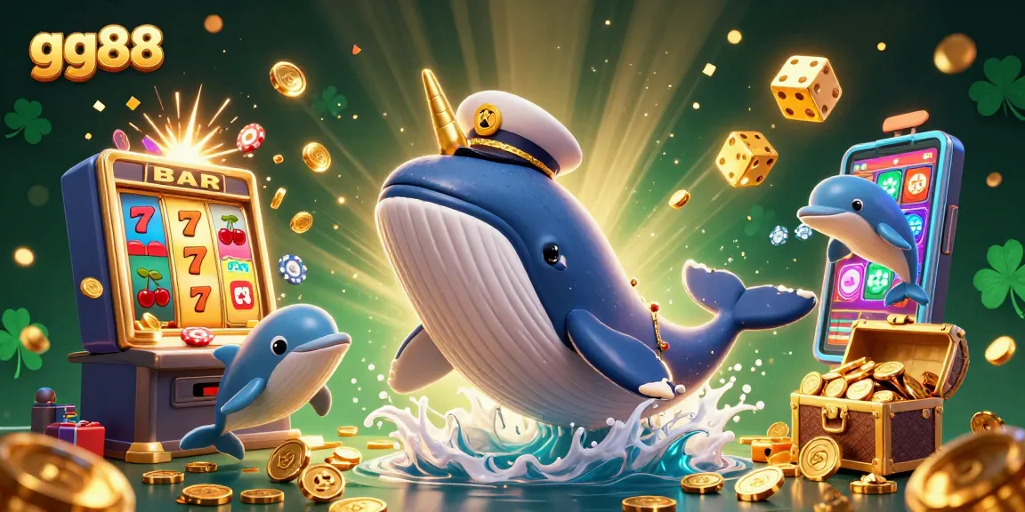 Engage with gg88 as a cartoon whale breaching coins beside a lucky narwhal and playful dolphins, showcasing casino excitement.