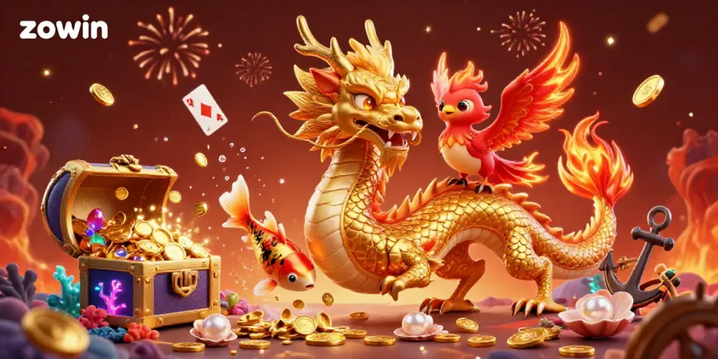 Engage with the thrilling world of zowin through a vibrant 3D illustration of a dragon, phoenix, and koi fish surrounded by treasures and casino elements.