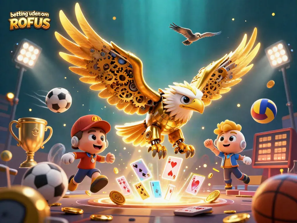 Experience intense moments of betting uden om ROFUS with dynamic sports elements, featuring a golden eagle and holographic cards.