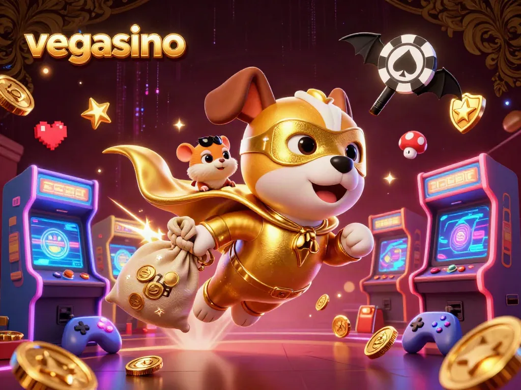 Experience exciting gaming adventures at Vegasino with superhero dog and hamster amidst vibrant casino elements.