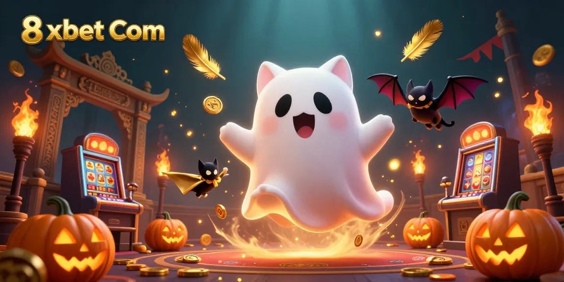 Engage with the vibrant gambling scene at 8xbet Com featuring a playful ghost cat and bat companion.