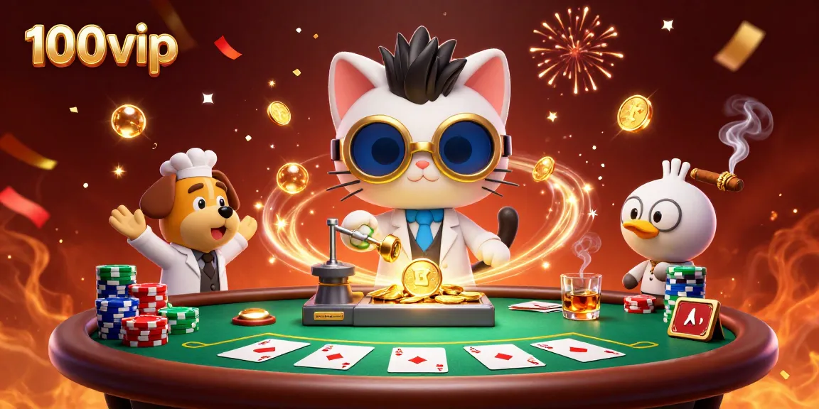 Engage with 100vip's vibrant gambling scene, featuring a mad scientist cat and lab assistant amidst poker excitement.