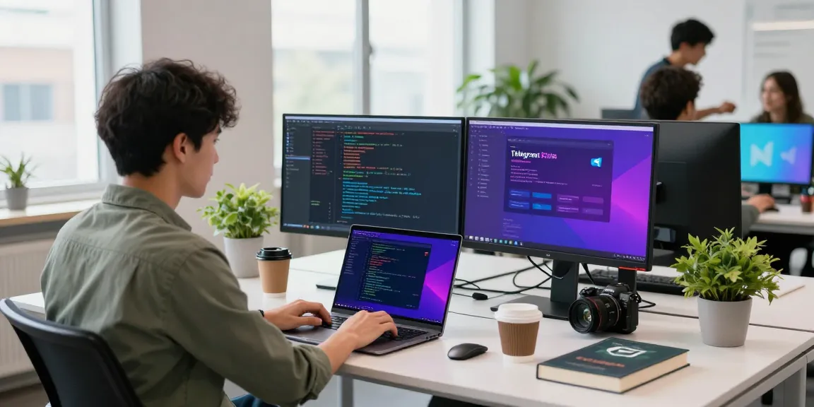 Developer coding in a modern workspace, showcasing Telegram中文 settings on multiple monitors, emphasizing productivity.