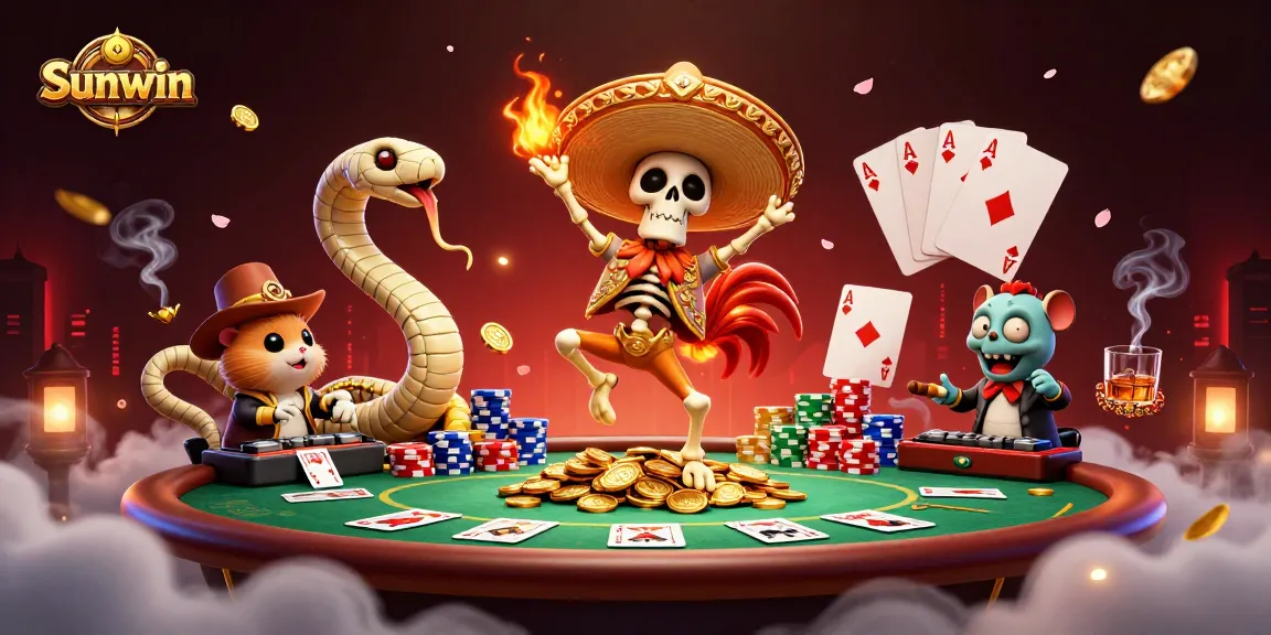Experience victory dancing with the Sunwin mascot amidst casino chaos and vibrant action.