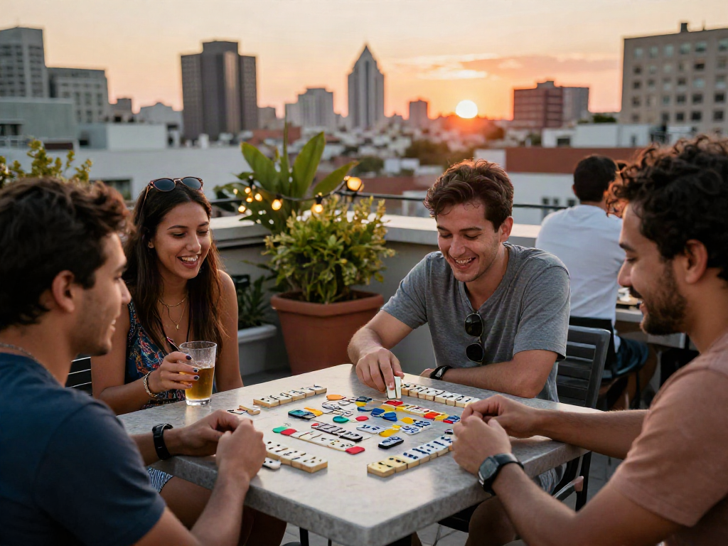 A group enjoying a relaxing rooftop gathering, playing dominoes, capturing the spirit of community and fun with rokok88 in a vibrant city setting.