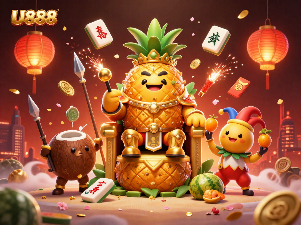 Experience thrilling gameplay at U888 with vibrantly animated golden casino characters and festive elements.