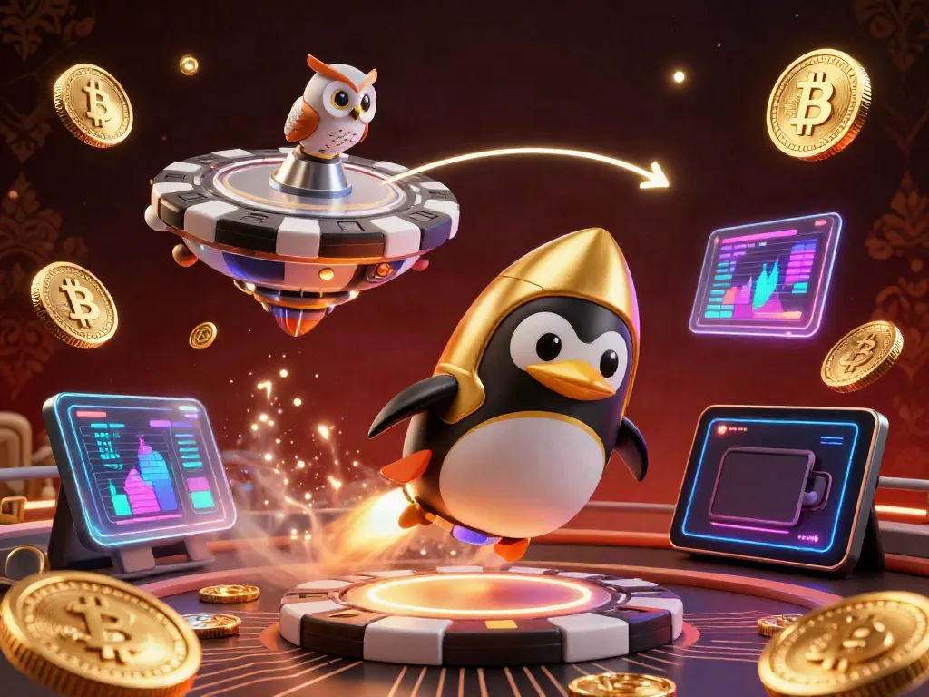 Experience niastoto with a golden penguin launching into a vibrant casino universe.