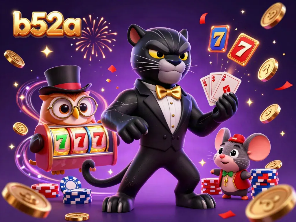 Experience the excitement of b52a casino with a stylish panther dealer and vibrant slot elements.