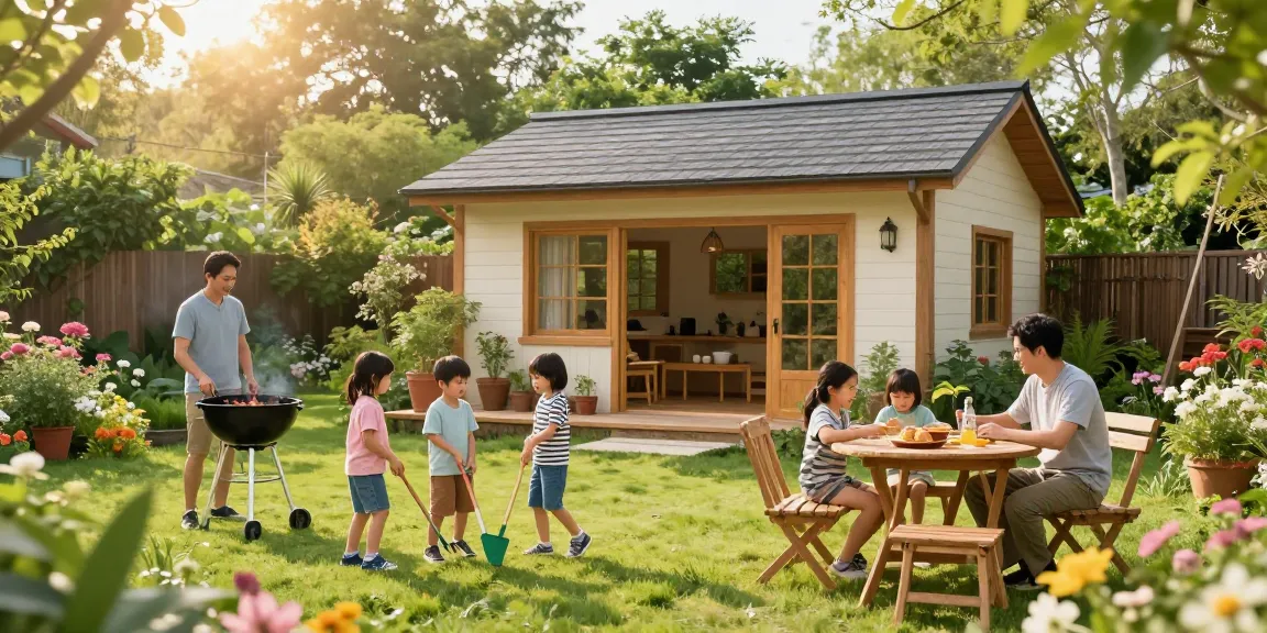 Ein Gartenhaus im Grünen mit Familie, die die Sonne genießt und gemeinsam grillt.