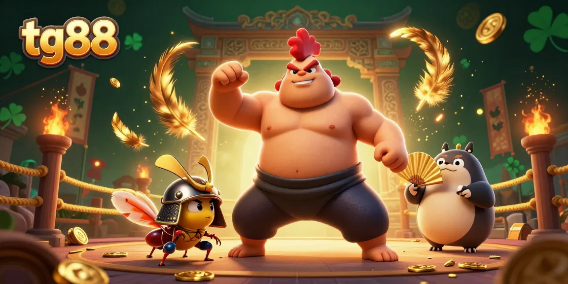 Join the excitement at TG88 with a sumo wrestler, cricket warrior, and tanuki announcer in a dynamic casino scene.