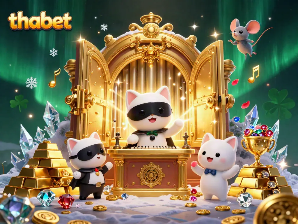 Engage with the thrilling world of thabet casino, where a masked cat plays a grand organ amidst shining treasures and gems.