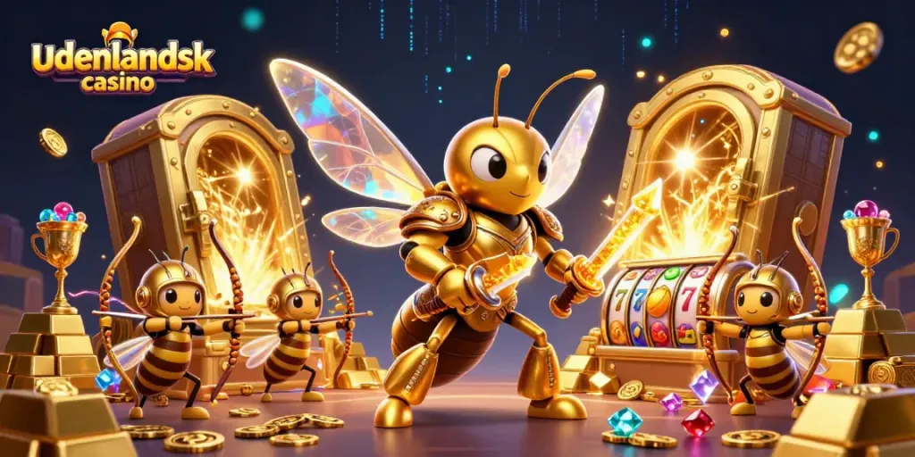 Experience the excitement of udenlandsk casino with a dynamic scene of vibrant characters and treasures.