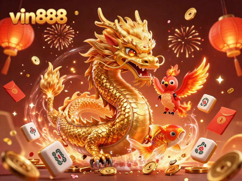 Experience thrilling wins at vin 888 with a fierce dragon and phoenix amidst dynamic casino elements.