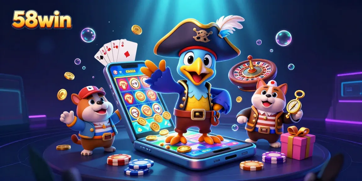 Experience 58win with vibrant slot games and pirate adventure elements in an engaging 3D scene.