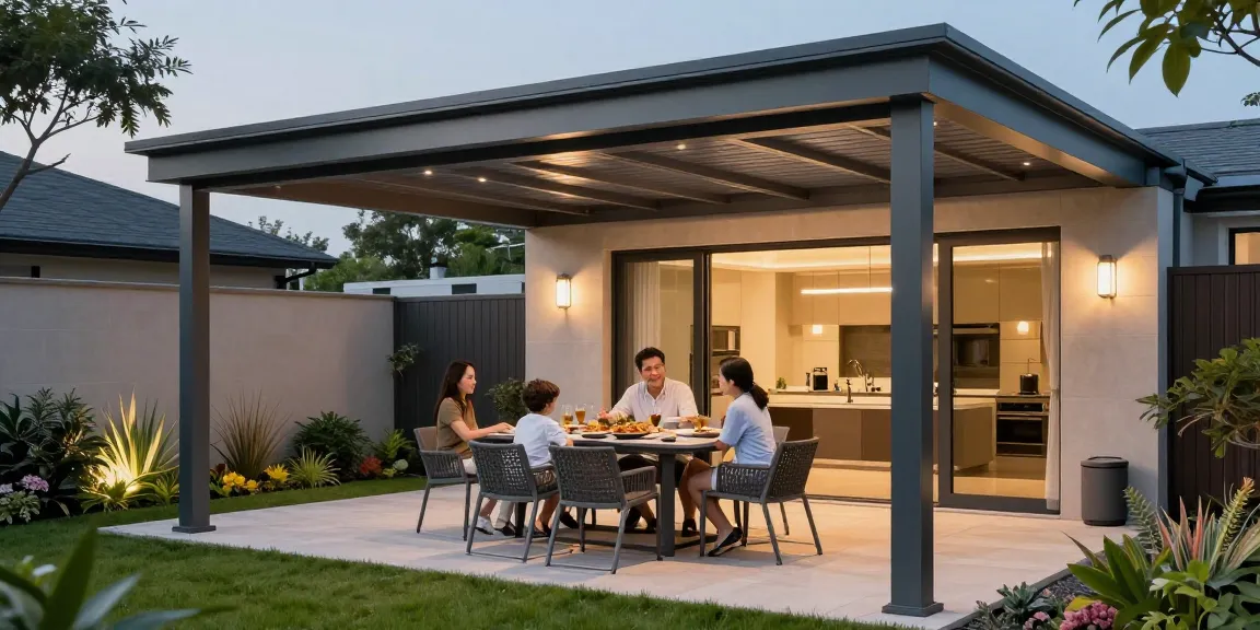 Terrassenüberdachung aus Aluminium, Familie genießt das Abendessen im Freien unter dem Dach.