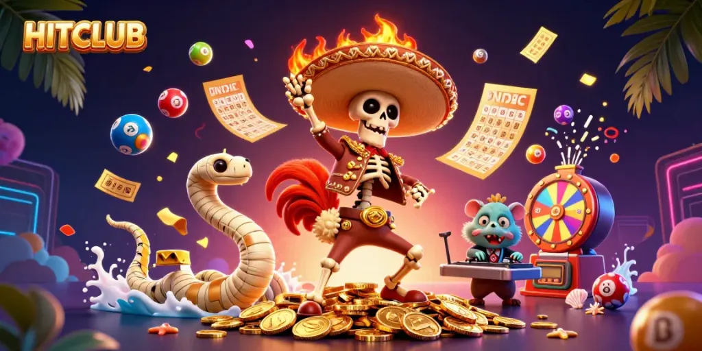 HITCLUB celebrates exciting gaming with lively characters dancing on golden coins amid vibrant lottery elements.