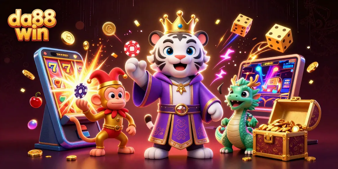 Experience da88 win with a vibrant scene of casino excitement featuring a stylish tiger and playful monkey.