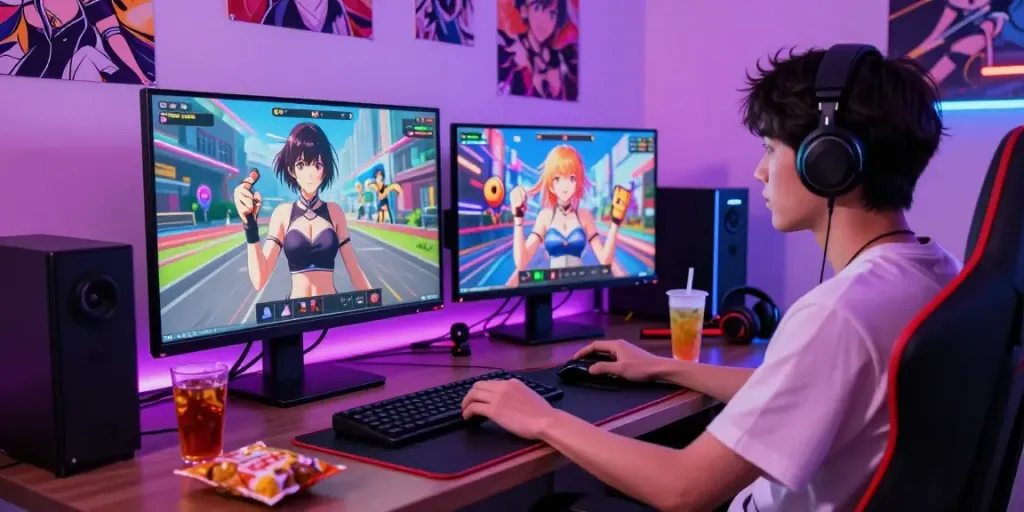 Engaging in a lively hentai chat with an AI character in a vibrant gaming setup.