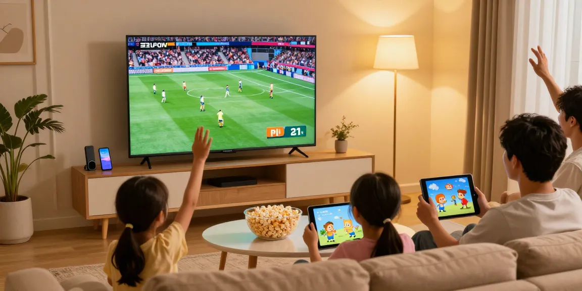Familie beim IPTV kaufen, die zusammen Fernsehen schaut, Sport und Snacks genießen.