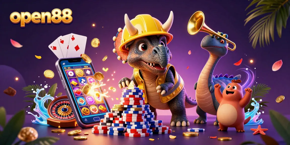Engage with open88 as a triceratops builds poker chips, celebrating a vibrant casino scene.