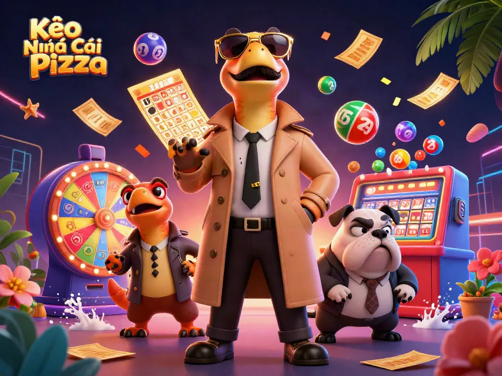 Engage in the fun of Kèo Nhà Cái Pizza with raptors in a trench coat entering a VIP casino.