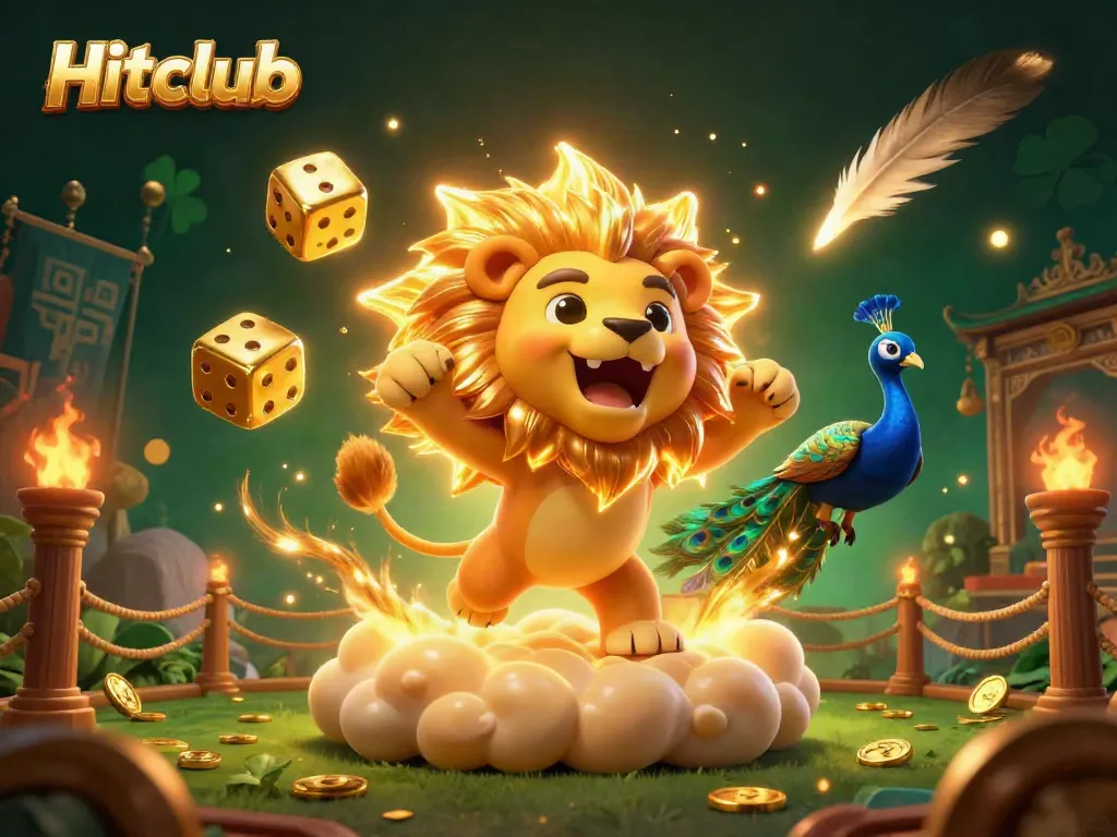 Hitclub roaring sun lion surrounded by golden dice and vibrant casino elements in dynamic 3D scene