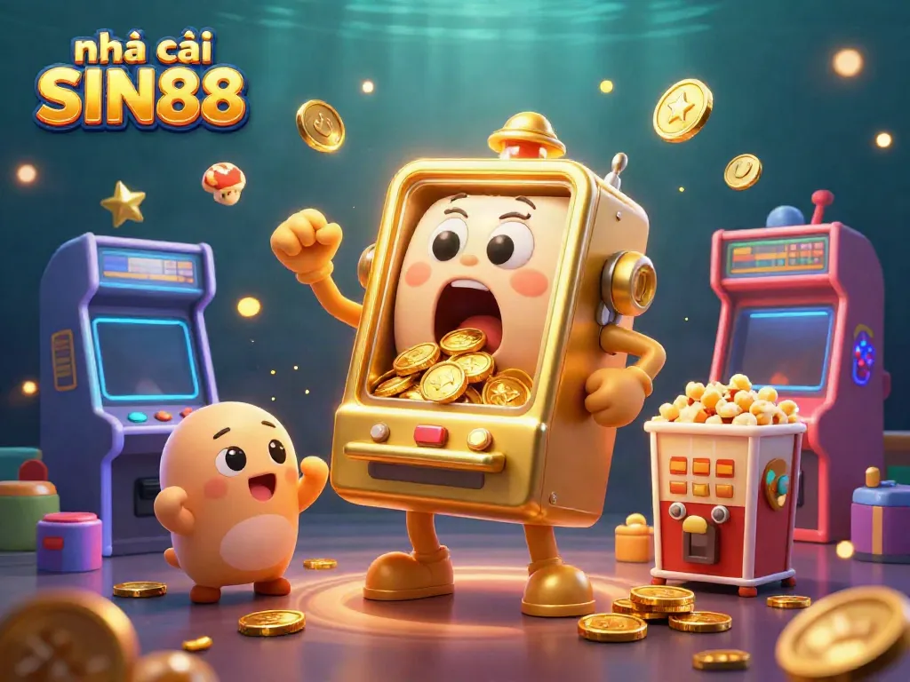 Experience the thrill of nhà cái SIN88 with a whimsical 3D illustration featuring animated slot machines celebrating a jackpot win.