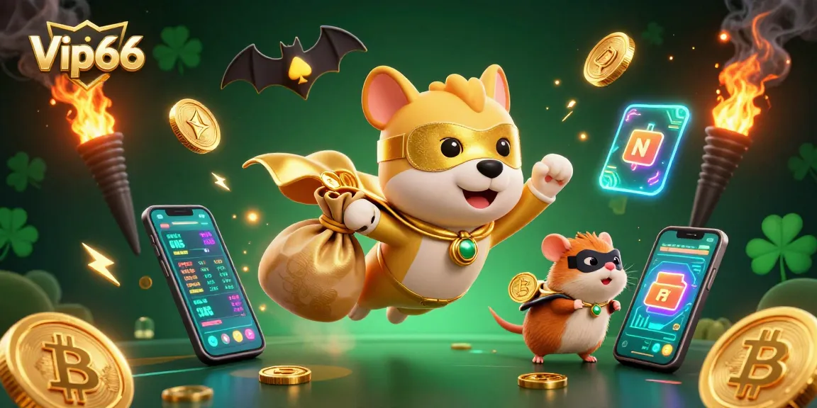 Engage with Vip66's vibrant casino offerings through this dynamic illustration of a superhero dog and sidekick.