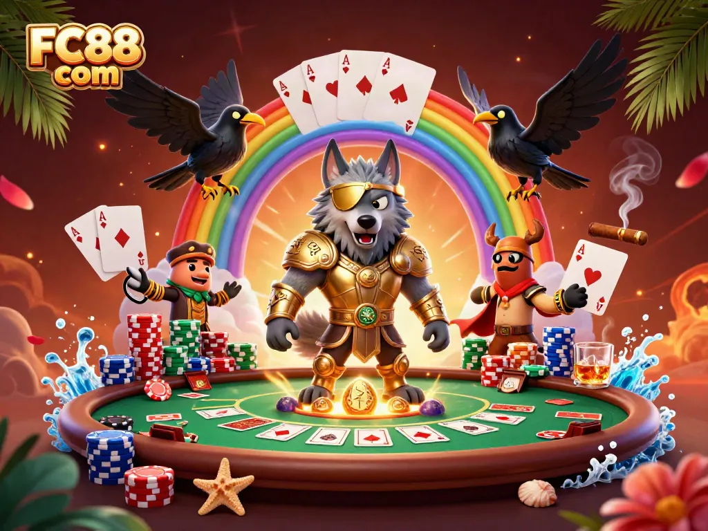 Experience FC88 com's thrilling gaming atmosphere with a dynamic casino scene featuring mythical characters.