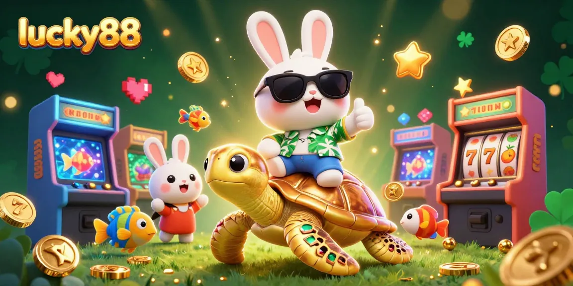 Play at lucky88 with a vibrant scene of a rabbit and sea turtle surrounded by slot game elements.